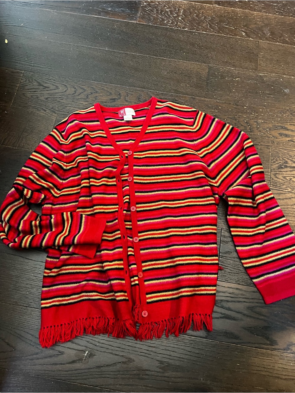 JM Collection Red Multicolor Striped Button-Front Cardigan with Fringe